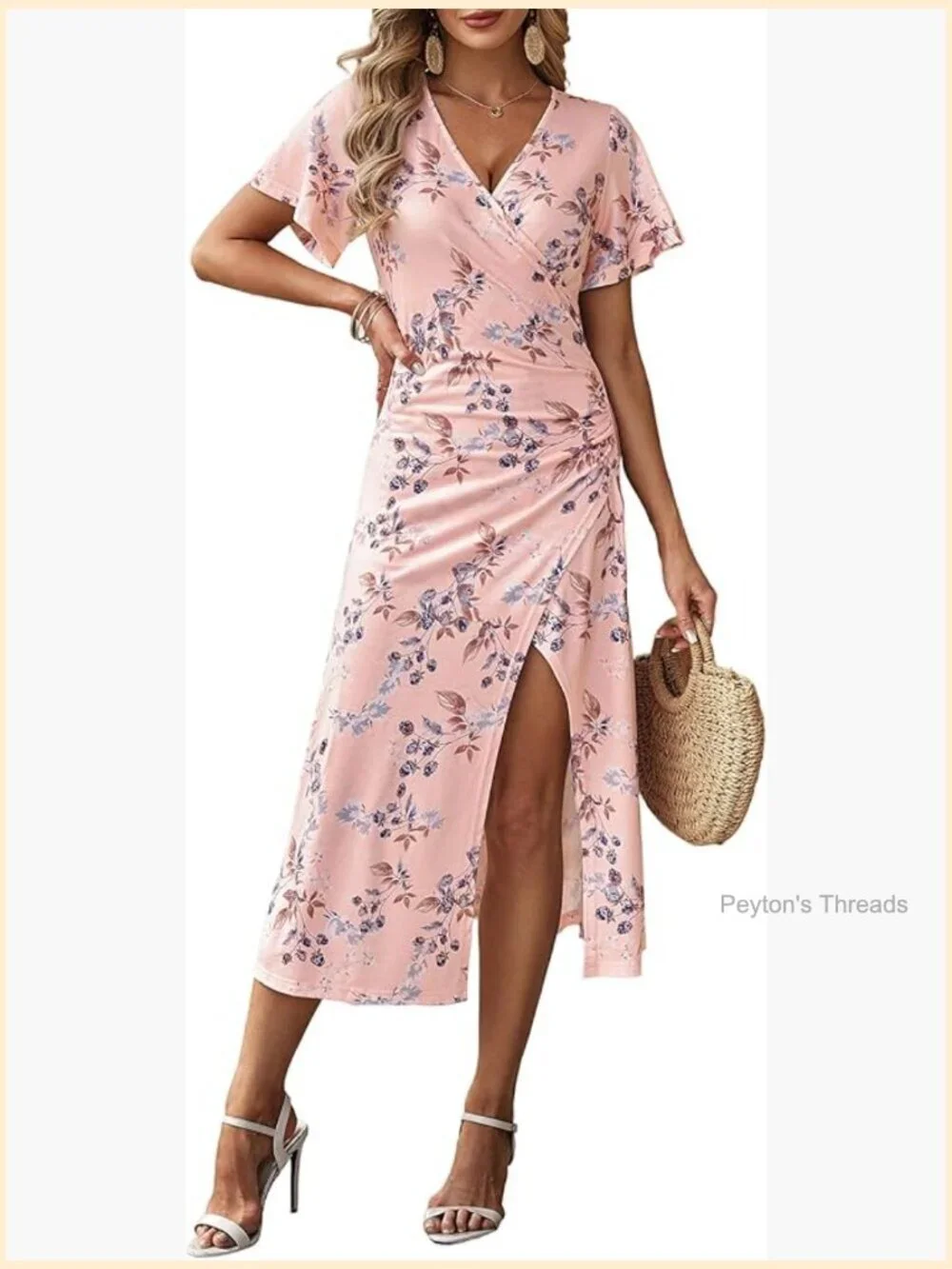 Short Sleeve Floral Wrap V Neck Ruched Waist Midi Dress Side Slit